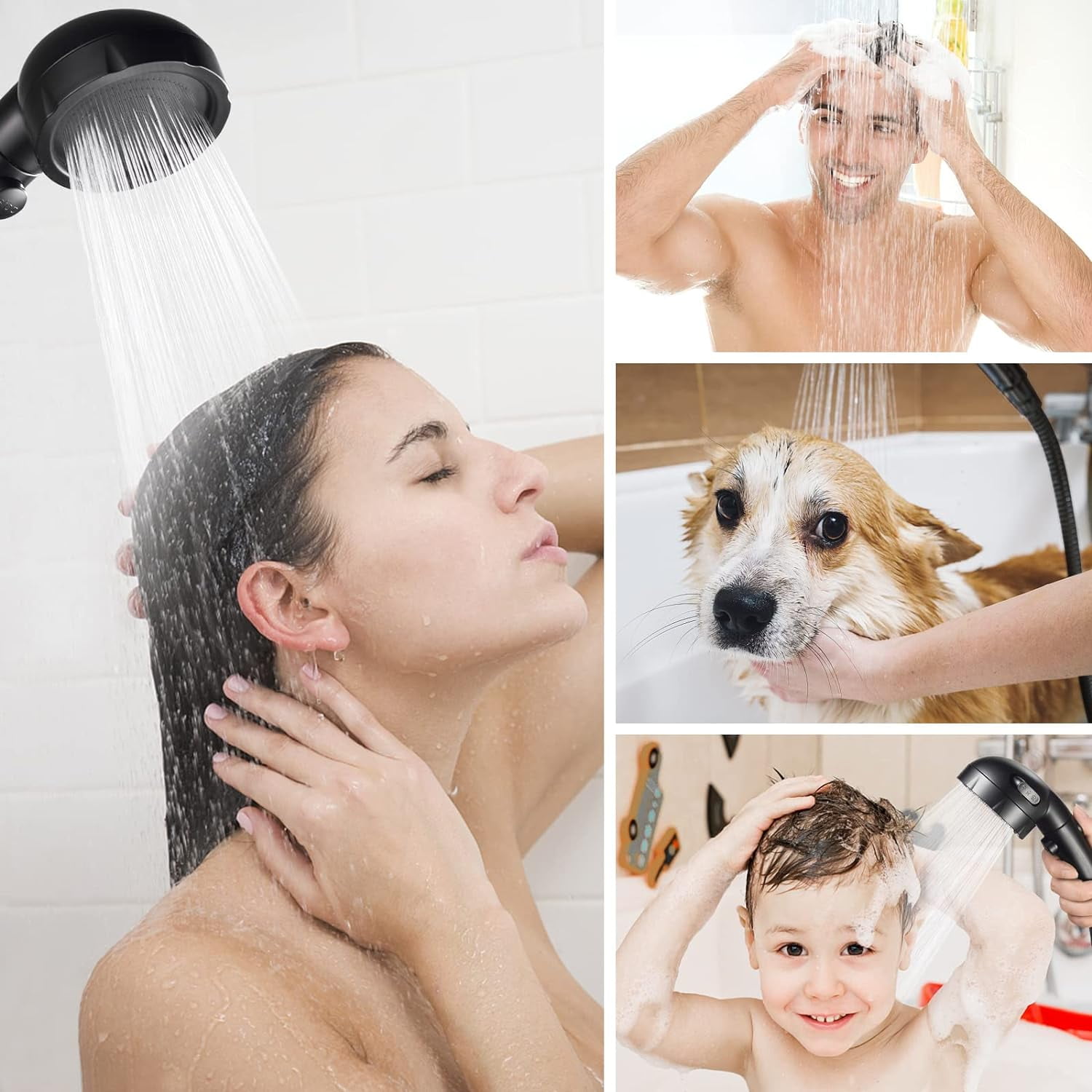 High Pressure Shower Head with Pause Button, 3 Spray Modes Shower Head for RV Camper, Water Saving On Off Shower, Handheld Shower Head with Hose and Adjustable Self-adhesive Holder ()
