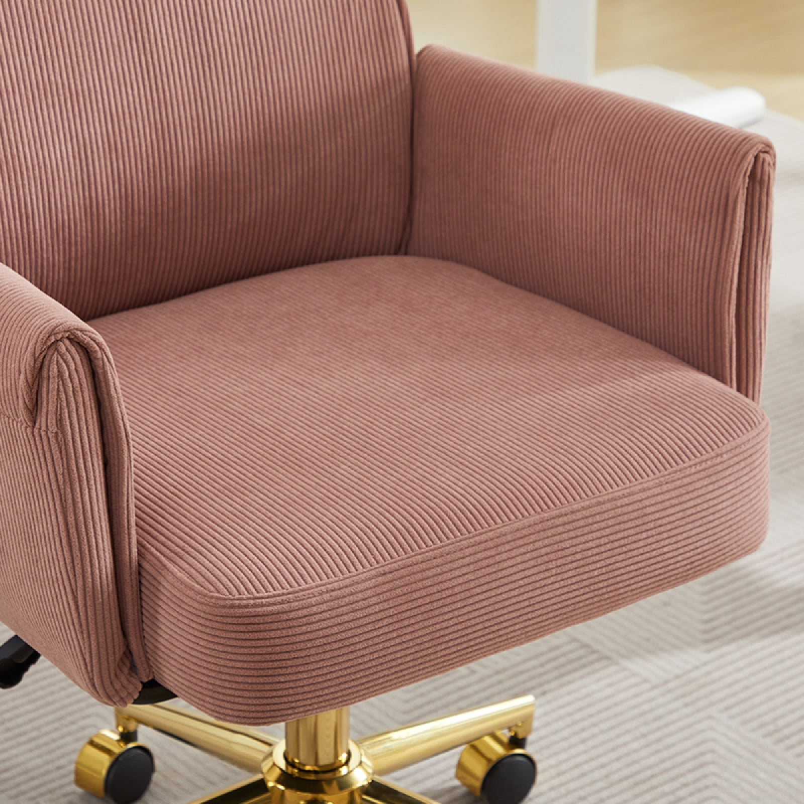 Stripes Corduroy 360° Swivel Desk Chair, Gold Base Adjustable Height Home Office Armchair with Wheels, Ergonomic Mid-Back Comfy Computer Chair for Home Study Living Room Bedroom, Light Pink