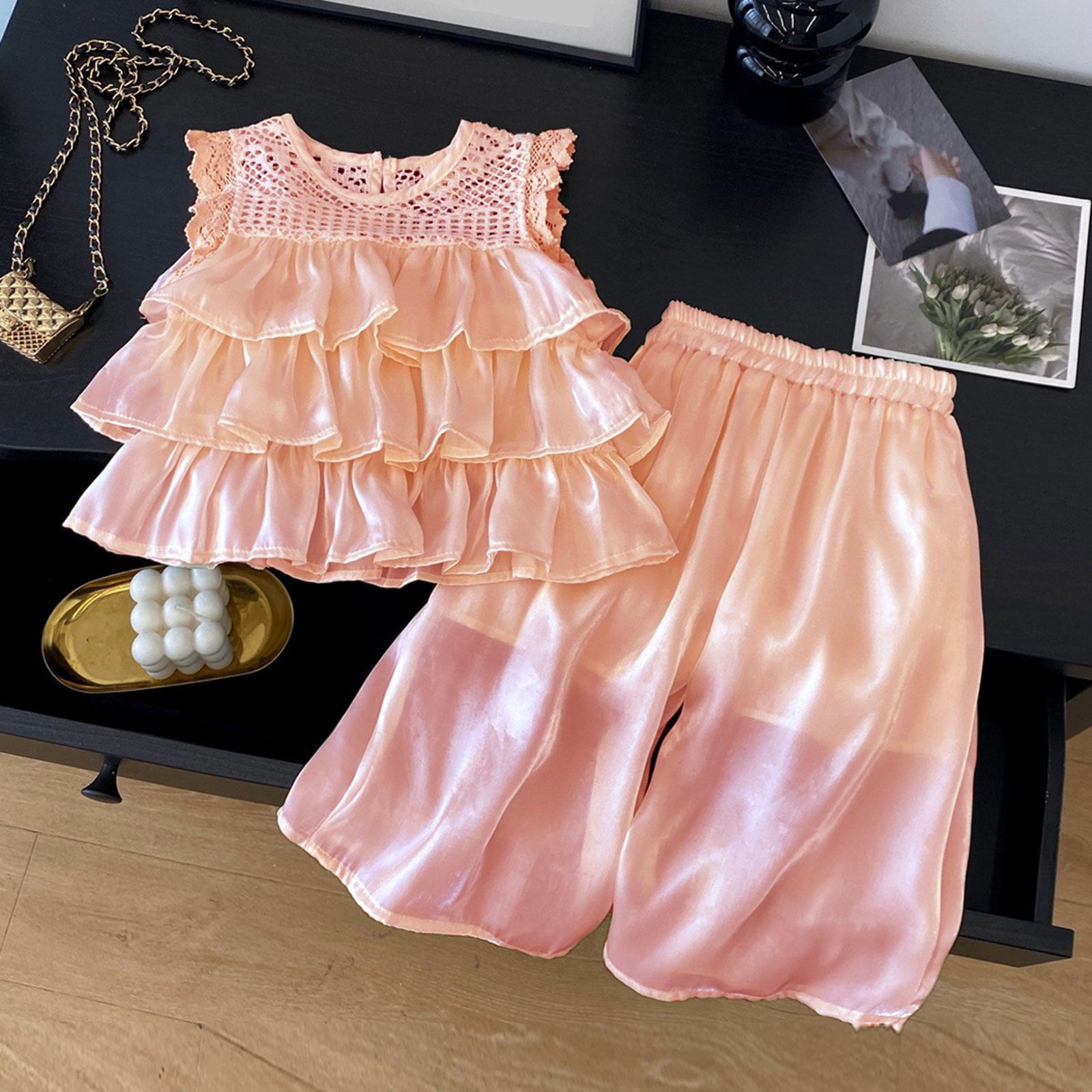Pandaie 2-10Y Baby Girl Clothes Ruffle Smocked Sleeveless 3 Layered Tutu Shirt Tops Wide Leg Baggy Pants Toddler Summer Beach Outfit Pink 120(5-6 Years)