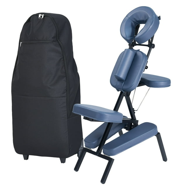 Master Massage Professional Compact and Foldable Massage Chair – Adjustable Aluminum Frame with Rolling Carry Case – Perfect for Spa, Salon, and Tattoo Studios – Blue