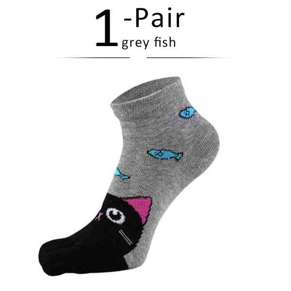 Chaussettes Cheville à Cinq Doigts en Coton Pur pour Femmes et Filles Mignon Animal Ours Chat Rabbit Mode Jeune Chaussettes Invisibles avec Orteils Dessin Animé Poisson Gris EU35-39