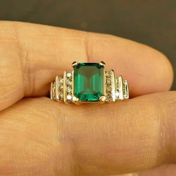 beryl_creation 2Ct Emerald Cut Green Emerald Diamond Engagement Ring 14K Yellow Gold Plated -5.5