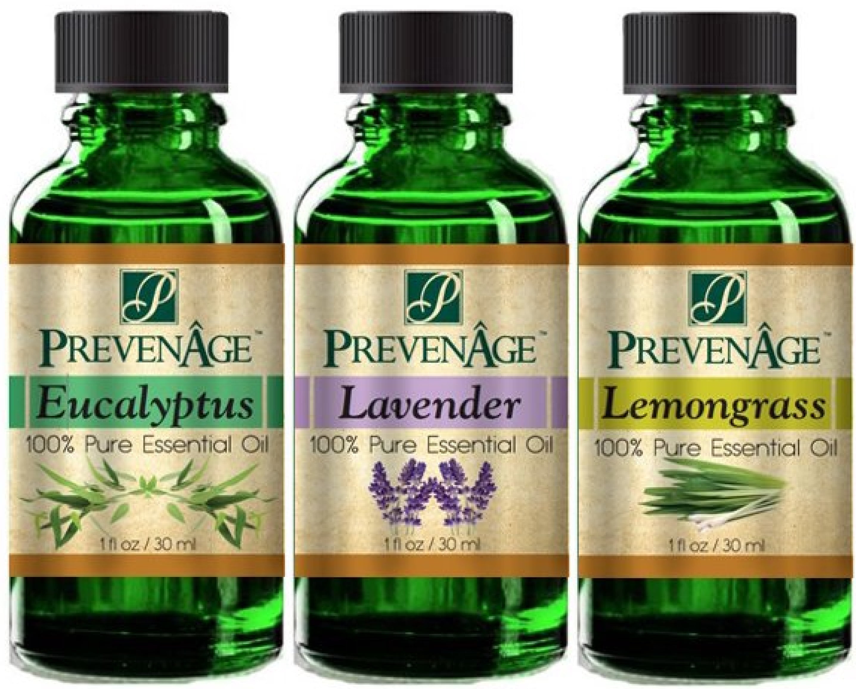 Essential Oil Gift Set of 3 Aromatherapy 30 mL / 1 Oz - Eucalyptus, Lavender and Lemongrass - Premium Grade - 100% Pure Therapeutic Grade Essential Oils by PrevenAge Made in USA Pack of 3