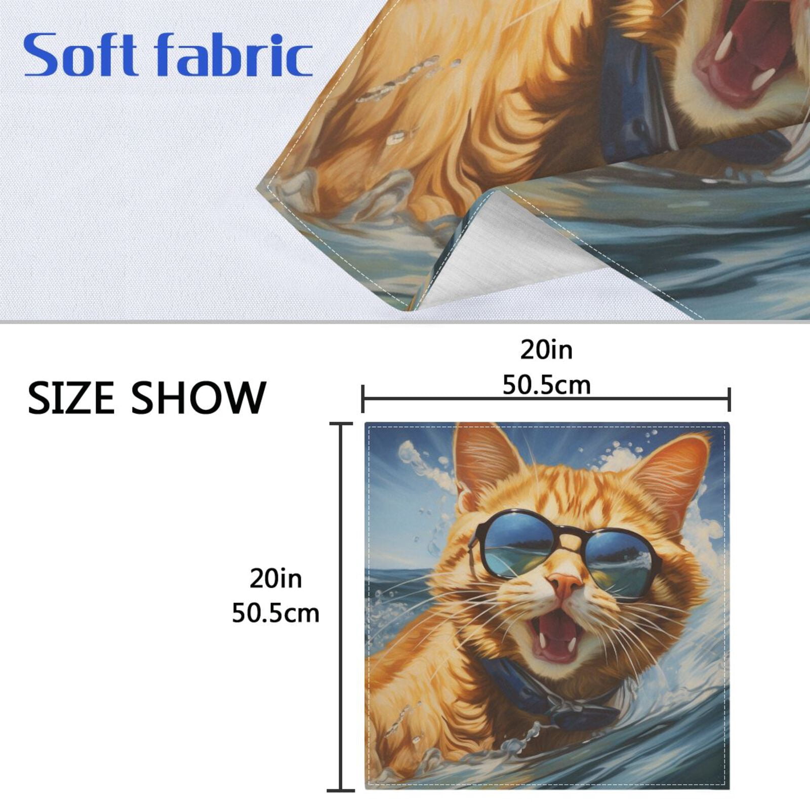 JSTEL Cat Surfing Funny Kitten Cloth Napkins Set of 6, 20x20 Inch Washable and Reusable Napkin for Decoupage Dinner Party Everyday Use
