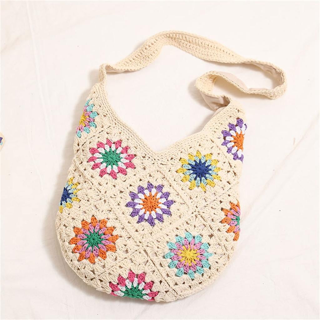 Giaone Women Handbag Knitted Shoulder Bag Crochet Beach Bag Flowers Crossbody Bag