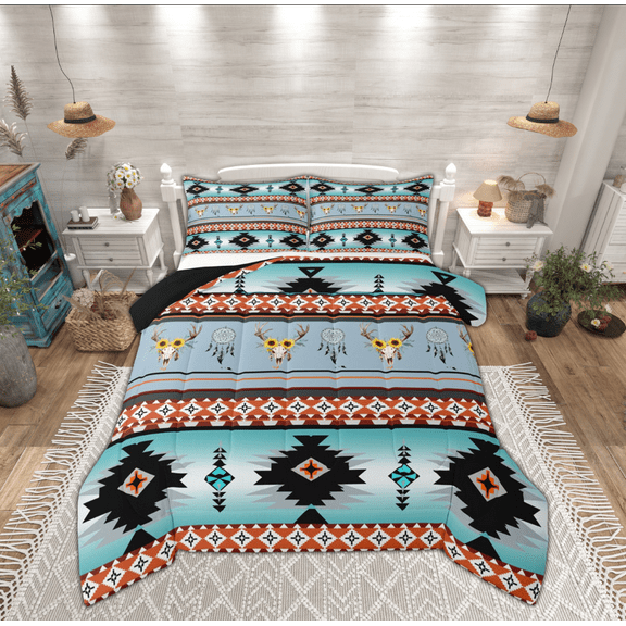 Feelyou Tribal Aztec Adult Bedding Comforter Set, Grey Cyan Triangle Geometric Twin Comforter Sets, Hippie Sheep Skeleton Reversible Bedding Set, Luxury Bedroom Decor, 2 Pieces