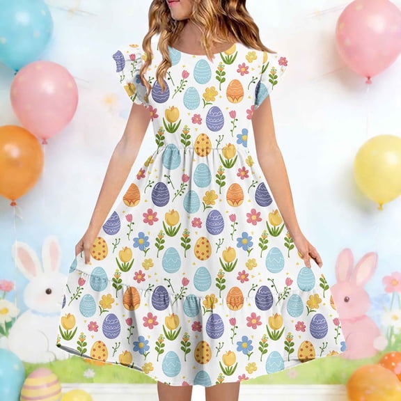 DAETIROS Girls Easter Dress Multicolor Floral Tiered Ruffle Spring Casual Pullover Dress with Flutter Sleeves for Kids 5-14 Years,Size 7 T