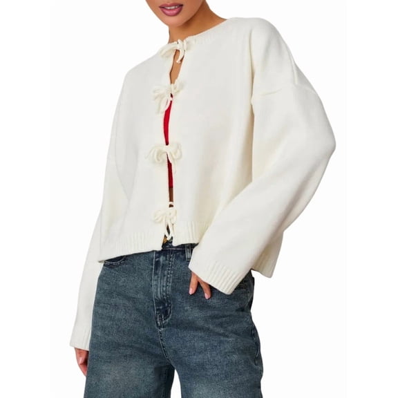 Women'S Tie Front Cardigan Sweaters Chunky Knit Long Puff Sleeve Trendy Fall Winter Jacket Coats White M
