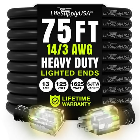 75ft Outdoor/Indoor Extension Cord 14/3 Gauge Heavy Duty 3 Prong SJTW, Waterproof, Flexible Cold-Resistant Long Power Cord,125 Amp 1625W, Black by LifeSupplyUSA