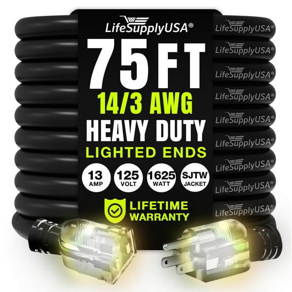 75ft Outdoor/Indoor Extension Cord 14/3 Gauge Heavy Duty 3 Prong SJTW, Waterproof, Flexible Cold-Resistant Long Power Cord,125 Amp 1625W, Black by LifeSupplyUSA