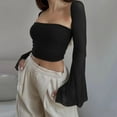 thumbnail image 2 of Plus Size Women's Solid Bra Crop Top Vest Mesh Flare Long Sleeve Short Cardigan Sets Comfortable Stylish Casual Outfit, 2 of 2