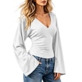thumbnail image 3 of cocolona Womens Fall Trendy Tops Flared sleeve V Neck Slim Shirts Casual Solid Color Pullover Blouses, 3 of 7