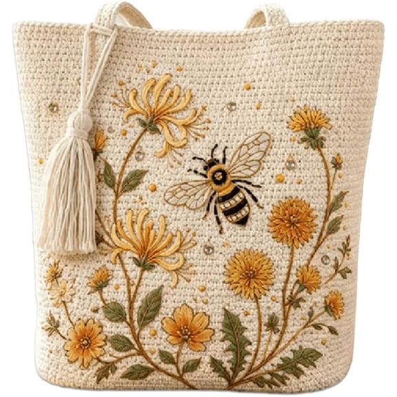 Handmade Crochet Bee Embroidered Tote Bag, Boho Floral Bee Printed Storage Shoulder Purse Handbag Gifts for Women