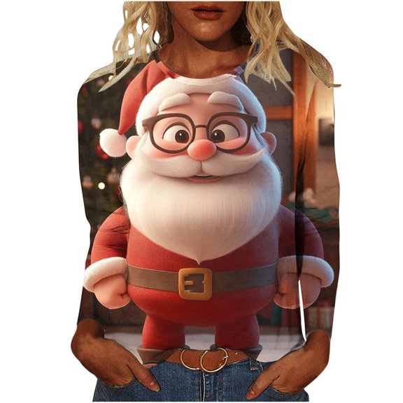 Festival Saving Womens Christmas Shirts Santa Claus Print Long Sleeve Shirt Festive Holiday Crew Neck Blouse Comfortable Casual Top for Christmas My Items