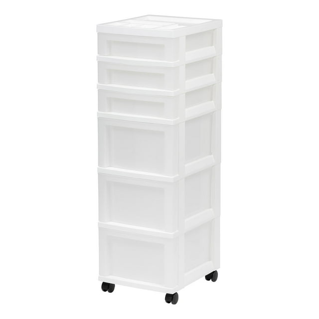 IRIS 6 Drawer Plastic Storage Cart with Organizer Top in clear and white, ideal for portable storage and organization in offices, craft rooms, or dorms. Features three large and three shallow drawers for versatile storage, a divided organizer top for small items, built-in drawer stops, and smooth-glide casters for mobility. Dimensions: 14.25 inches long, 12.05 inches wide, and 37.75 inches high.