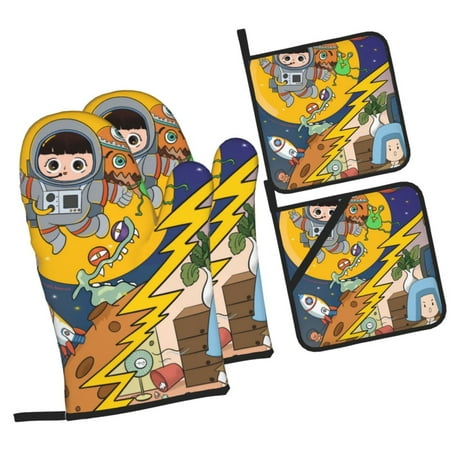 

ZICANCN Oven Mitts and Pot Holders Sets Astronaut Moon Monsters Baking Sets Kitchen Heat Resistant 4 Pieces