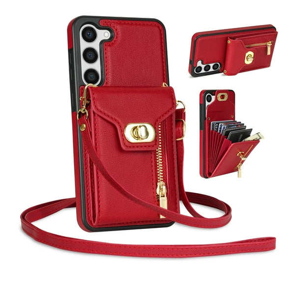 Mantto for Samsung Galaxy S22 Back Zipper Wallet Case with Detachable Shoulder Strap,Luxury Metal Buckle Card Slots Shockproof Premium PU Leather Stand Crossbody Phone Case for Women Men,Red