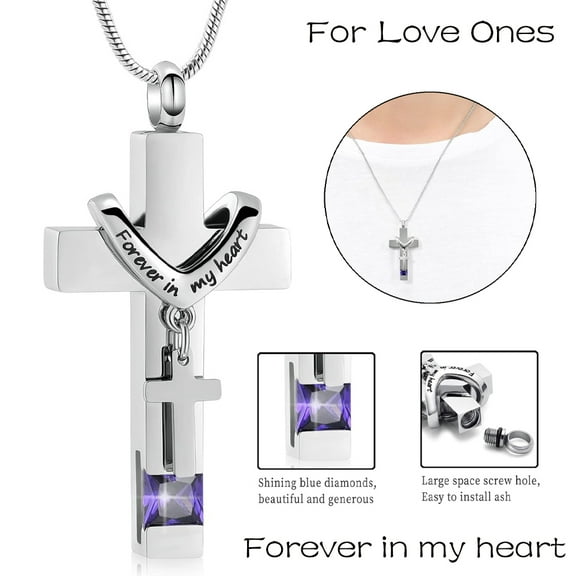 Forever in My Heart - Crystal Cross Cremation Jewelry for Ashes Stainless Steel Urn Necklace for Human Ashes Memorial Keepsake for Men Women