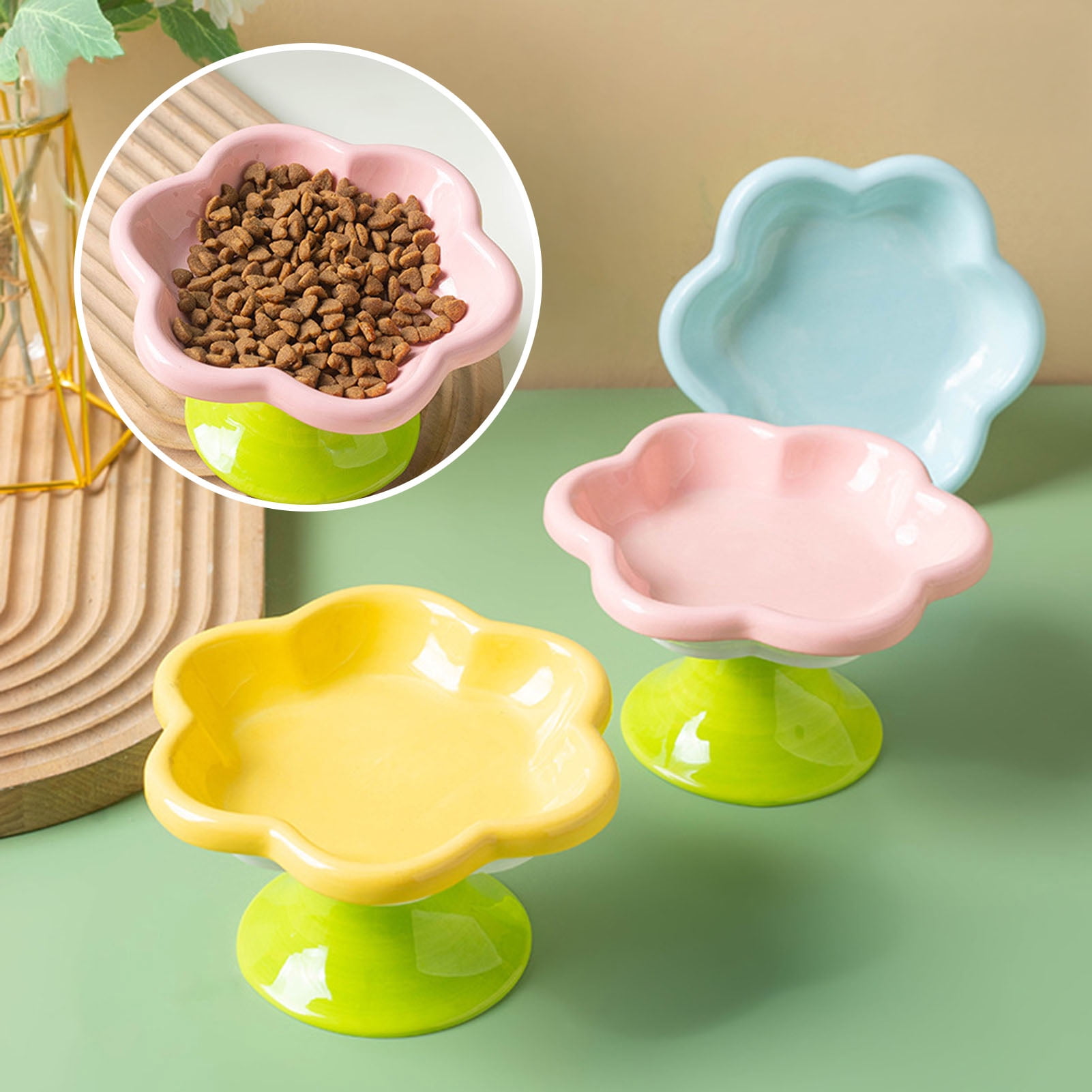 YIFAEUX Ceramic Raised Cat Bowls Flower Design Elevated Cat Food Water Bowl Small Cat Feeding Dish for Cats Small Dogs
