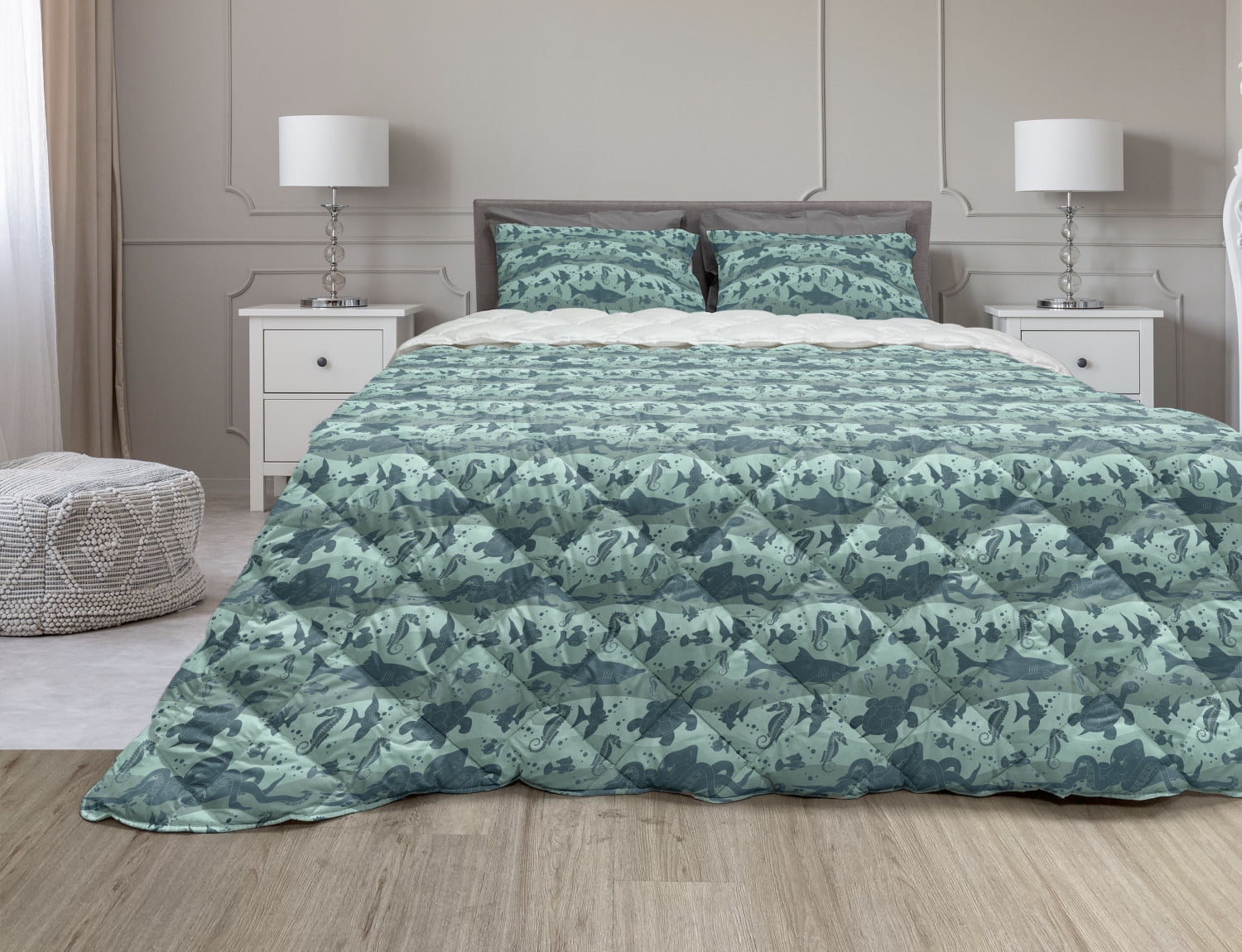 Underwater Comforter & Sham Bedding Set, Sea Waves Background with Sea