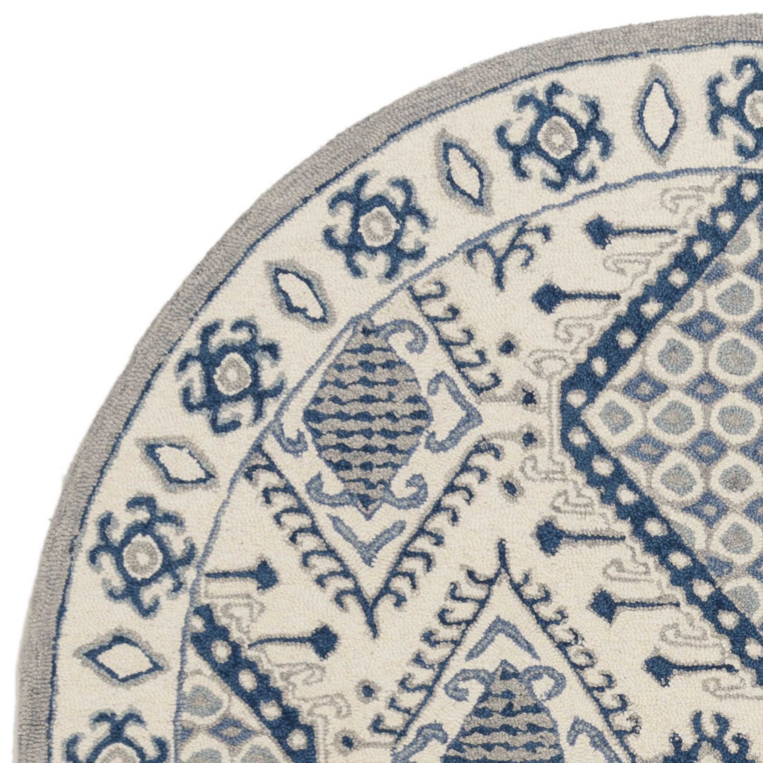 SAFAVIEH Micro-Loop Jolene Geometric Wool Area Rug, Ivory/Blue, 5' x 5' Round