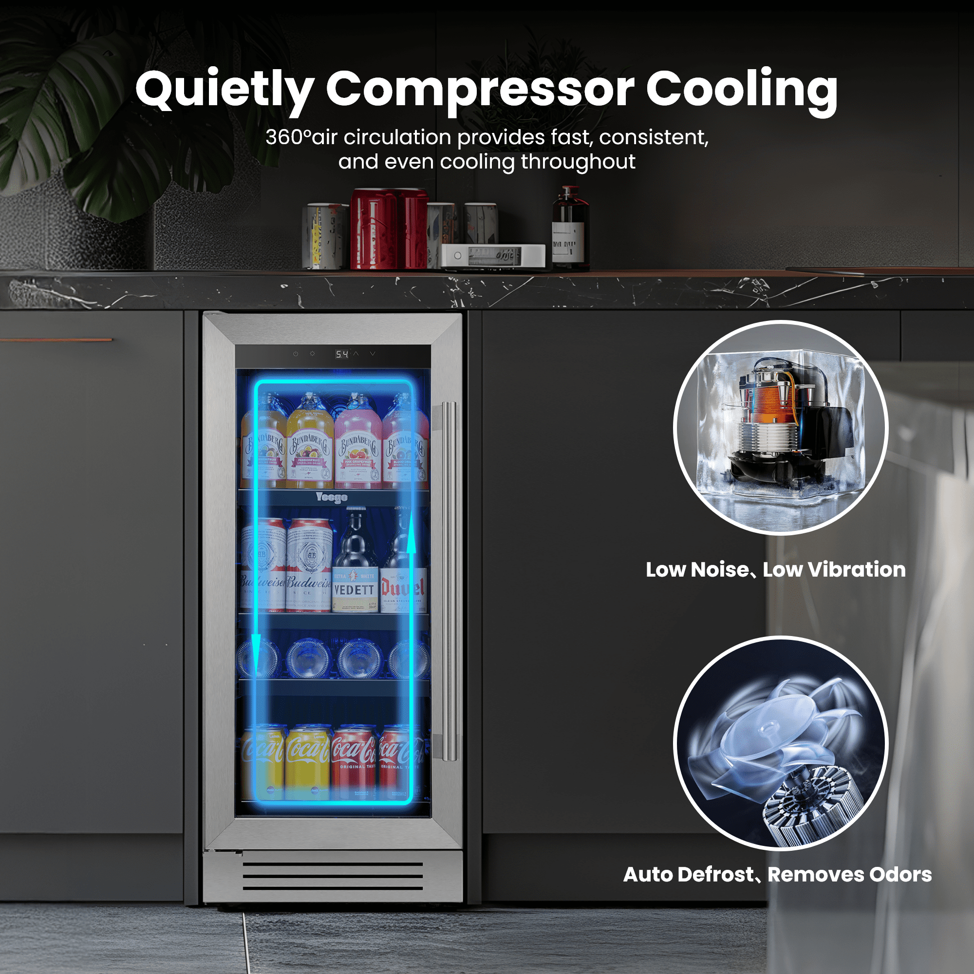 Yeego 15 inch Beverage Refrigerator,  Built-in or Freestanding, 100 Cans Cooler with Glass Door
