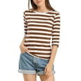 thumbnail image 1 of Camiseta básica de ajuste slim con cuello redondo y mangas de codo para mujeres INSPIRE CHIC, T-shirt impresa casual 3XL marrón y blanco, 1 of 7