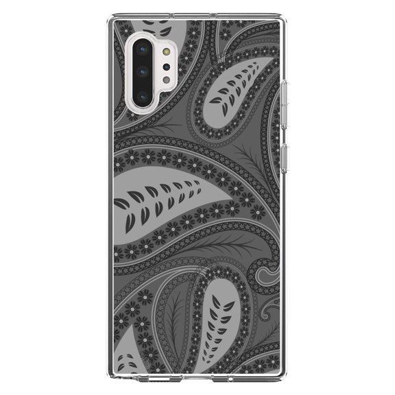 DistinctInk Clear Shockproof Hybrid Case for Galaxy Note 10 PLUS (6.8" Screen) - TPU Bumper, Acrylic Back, Tempered Glass Screen Protector - Big Grey Black Paisley