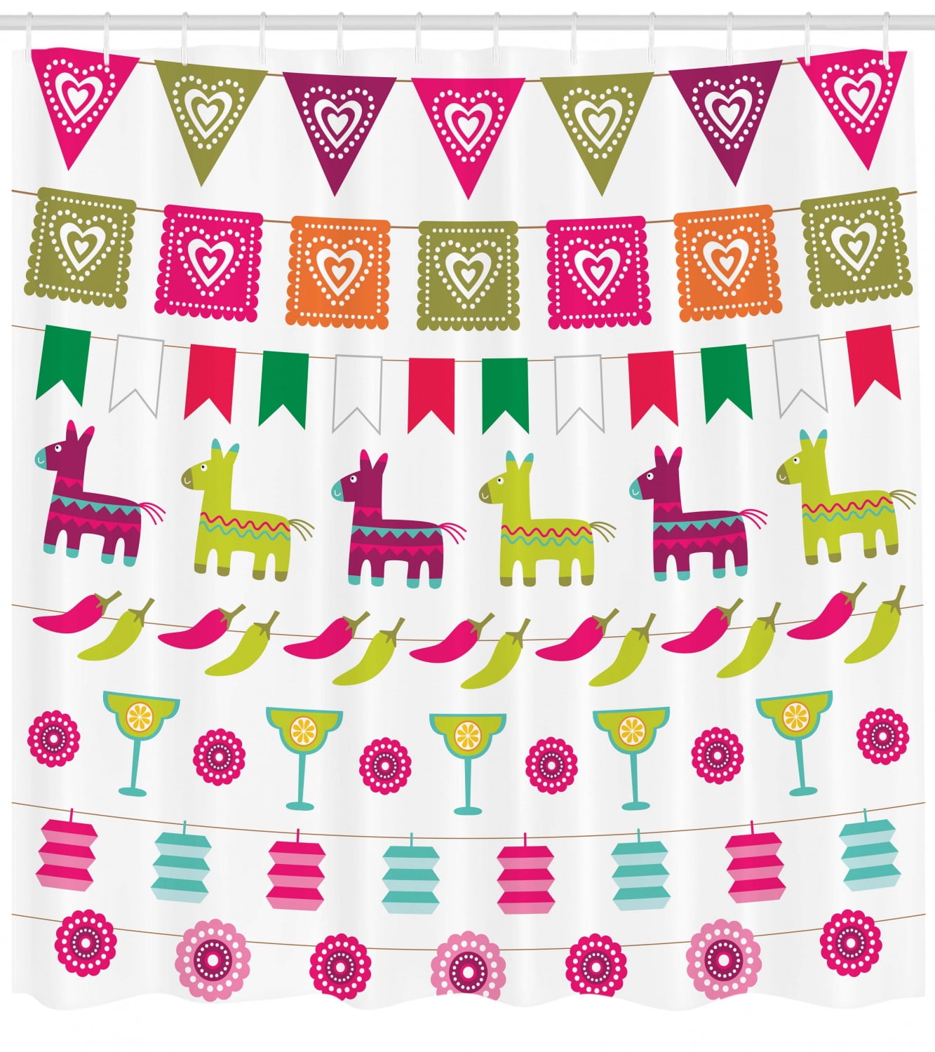 Fiesta Shower Curtain, Latin American Motifs Flags Chili Peppers