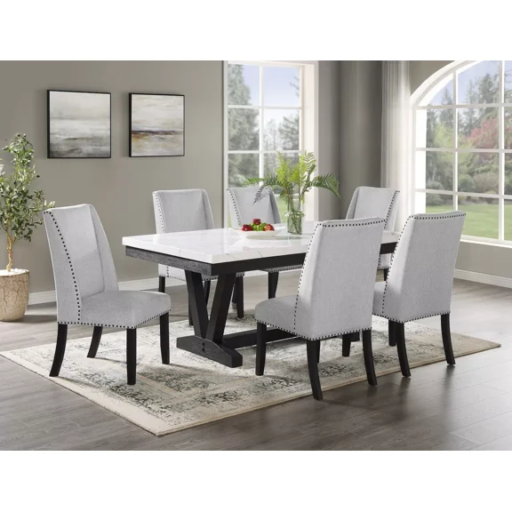 Black Gray 7Pc Dining Set White Faux Marble Table Upholstered Wing Back Chair Wooden Furniture