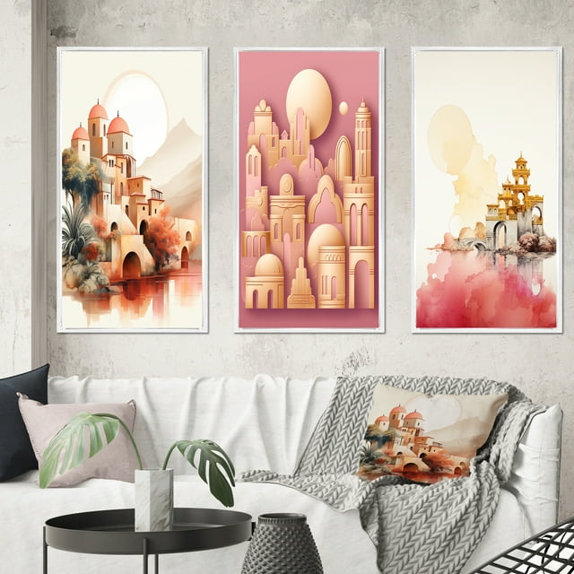 Designart "Terracotta Watercolor Full Moon Ancient Cityscape" Abstract Framed Wall Art Set Of 3 - Pink Modern Frame Gallery Wall Set For Home Decor