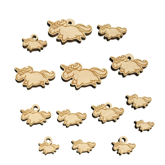 Chubby Unicorn Running Wood Mini Charms Shapes DIY Craft Jewelry - With Hole - Various Sizes (16pcs)
