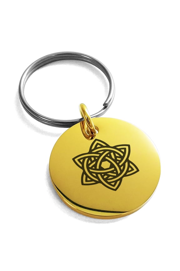 Stainless Steel Celtic Triquetra Eternity Star Knot Engraved Small Medallion Circle Charm Keychain Keyring