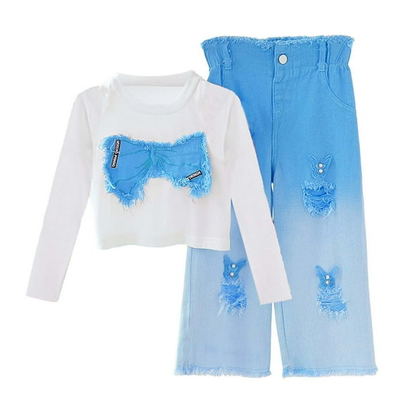 REDARER Girls Long Sleeve Top with Bow and Ripped Jeans Set, Casual Two Piece Outfit for Toddlers Kids Fall,11-12 Years