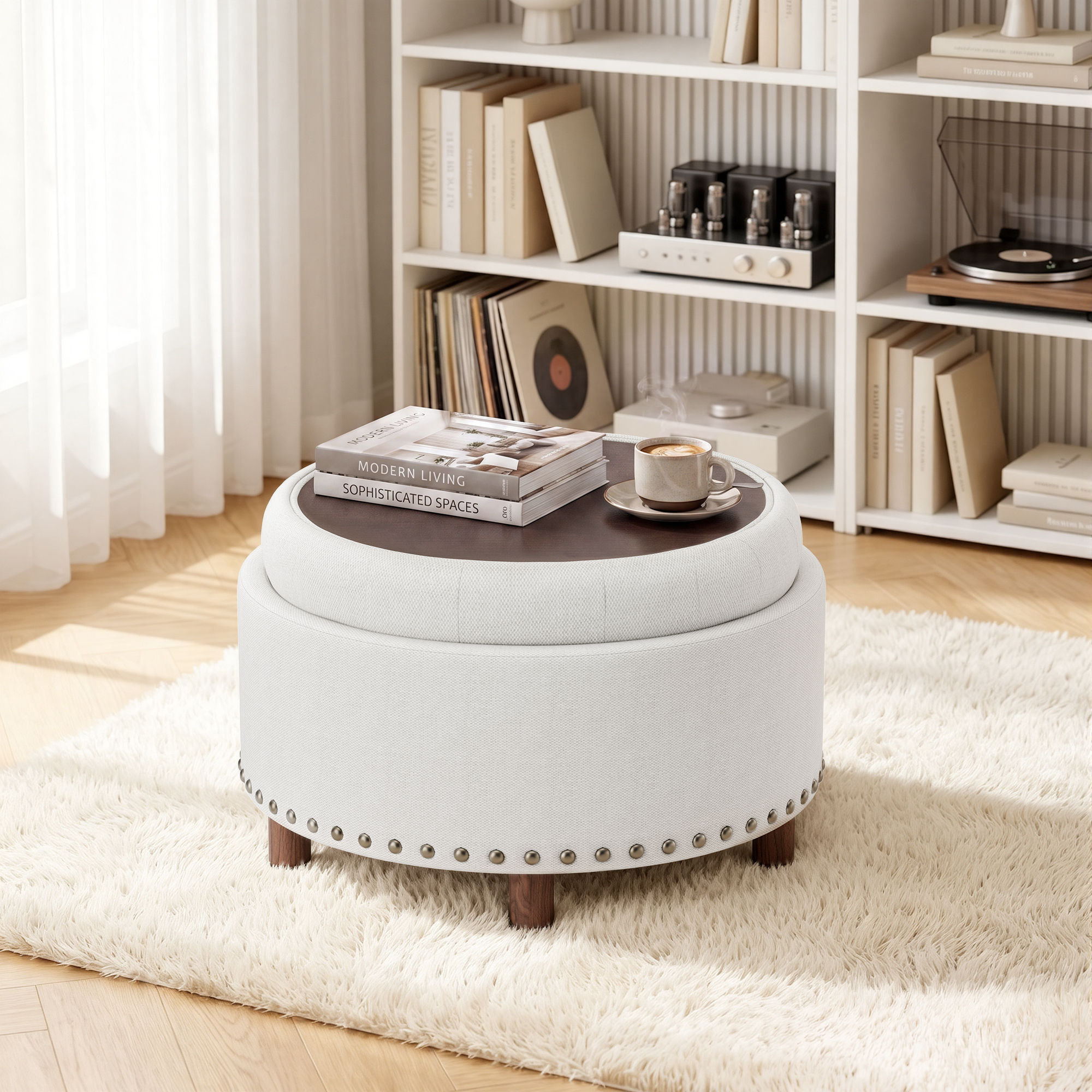 AFO Round Storage Ottoman with Tray, Beige Upholstered photo 5