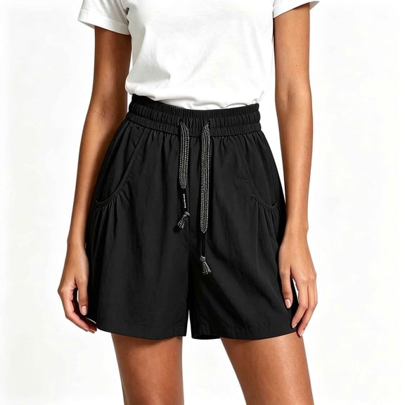 hlysgo Baggy Shorts for Women Loose Fit Wide Leg Elastic Waist Short Drawstring Lightweight Breathable Summer Short with Pockets Black,M