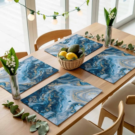 Retro Abstract Blue Marble Stone Placemats Set of 4,Wipeable Washable Table Mats for Dining Tables, Modern Liquid Texture Place Mats for Kitchen Event Party Tabletop Decor