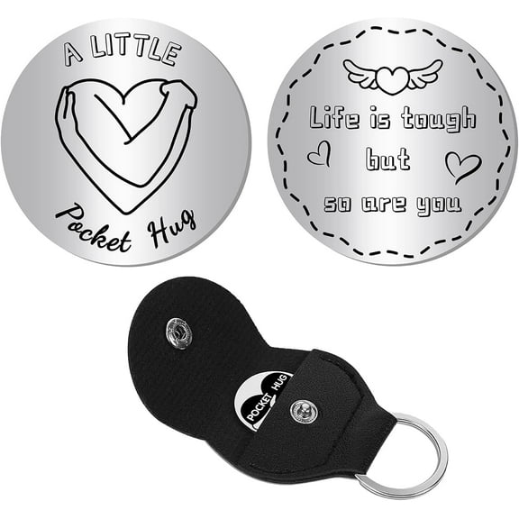 A Little Pocket Hug Long Distance Relationship Keepsake Coin Stainless Steel Double-Sided Inspirational Gift with Leather Keychain Keyring Holder for Graduation 1.2 x 1.2inch Silver DIY