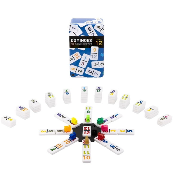 PLAYWUS Double 12 Coloured Dominoes Mexican Train Game Set with Aluminum Case, 91 Tiles 9 Trains, Scoreboard, Octagon Shape Hub (DOT-Simple)