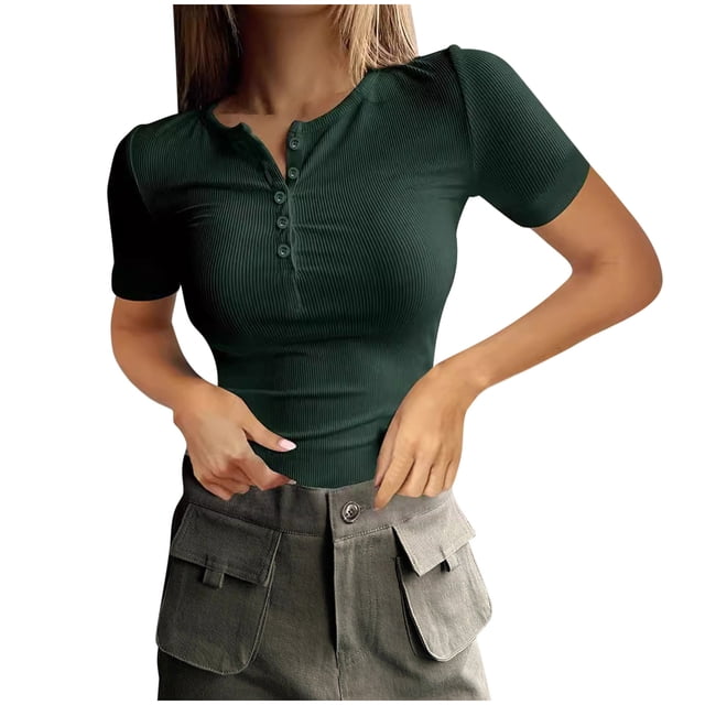 Plebaso T-shirts Côtelés Ajustés pour Femmes, à Boutons, Manches Courtes, Tricotés, T-Shirts Décontractés pour Sorties, Hauts pour Femmes