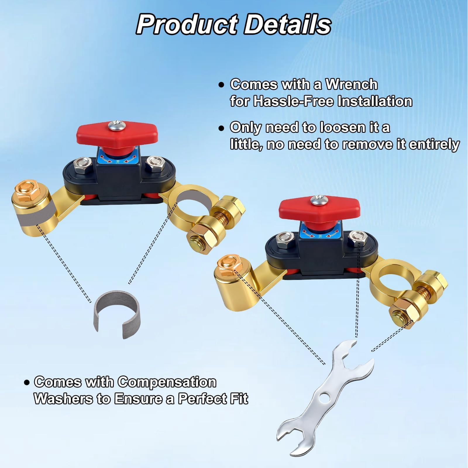 Universal Battery Disconnect Switch with Leak Protector, Pure Copper 12V-24V Car Power Cut-Off Breaker, Adjustable Terminals for Truck, Boat, RV