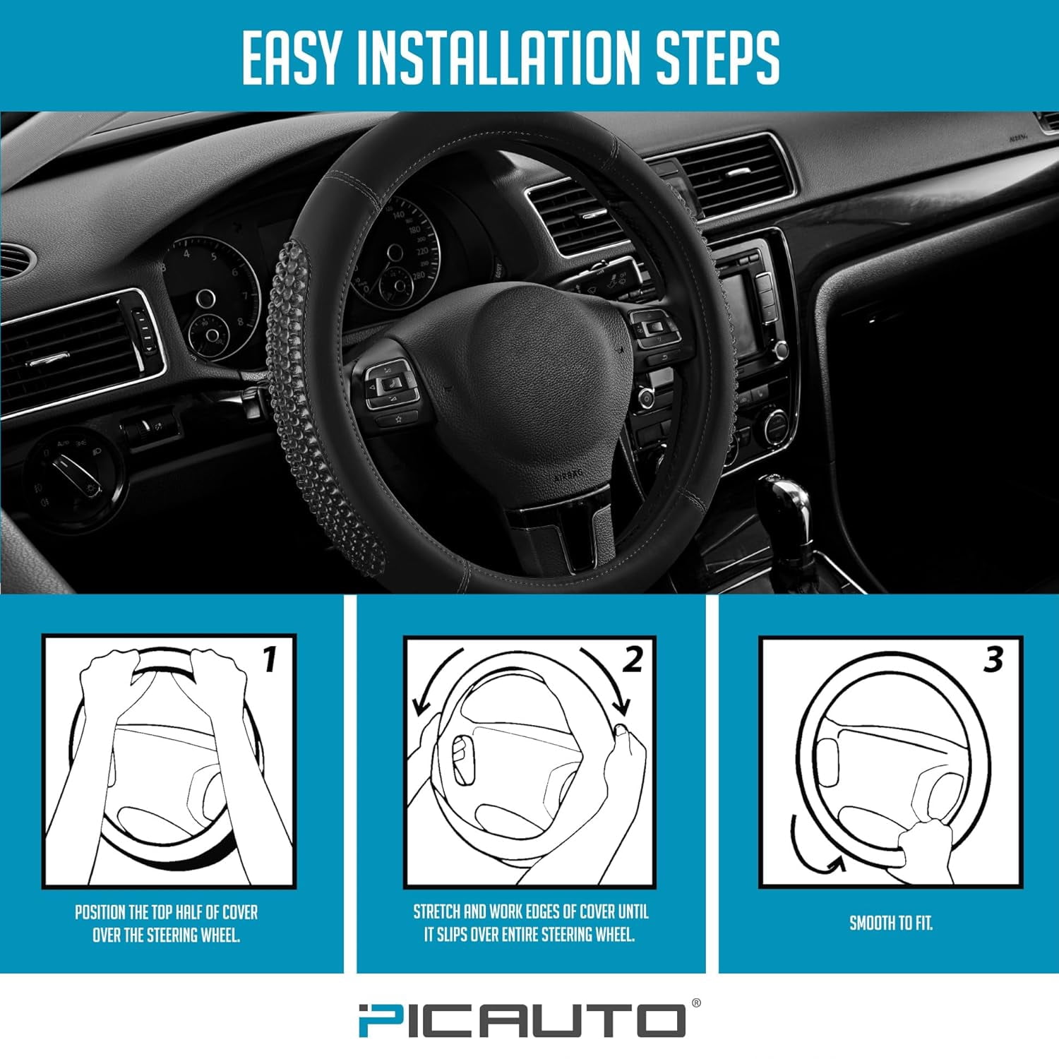 Gel Particles Steering Wheel Cover, Black Luxury Leather Car Steering Wheel Protector, Universal Fit 14.5"-15.5" Anti-Slip Car Interior Accessories for Girls & Women