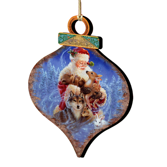 Designocracy Set of 2 Santa Sweet Little Friends Wooden Onion Shaped Christmas Ornaments 5.5"