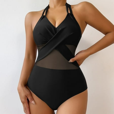 OSFVNOXV High Waisted Bikini for Women Halter Neck Twist Front Bandage Bra See Sheer Hipster Panties Swimwear Sets Bathing Suits Clearance
