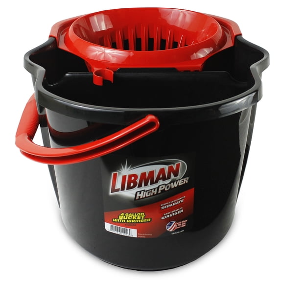 Libman 4 Gallon Polypropylene Bucket with Wringer, Red and Black, 15 in Height