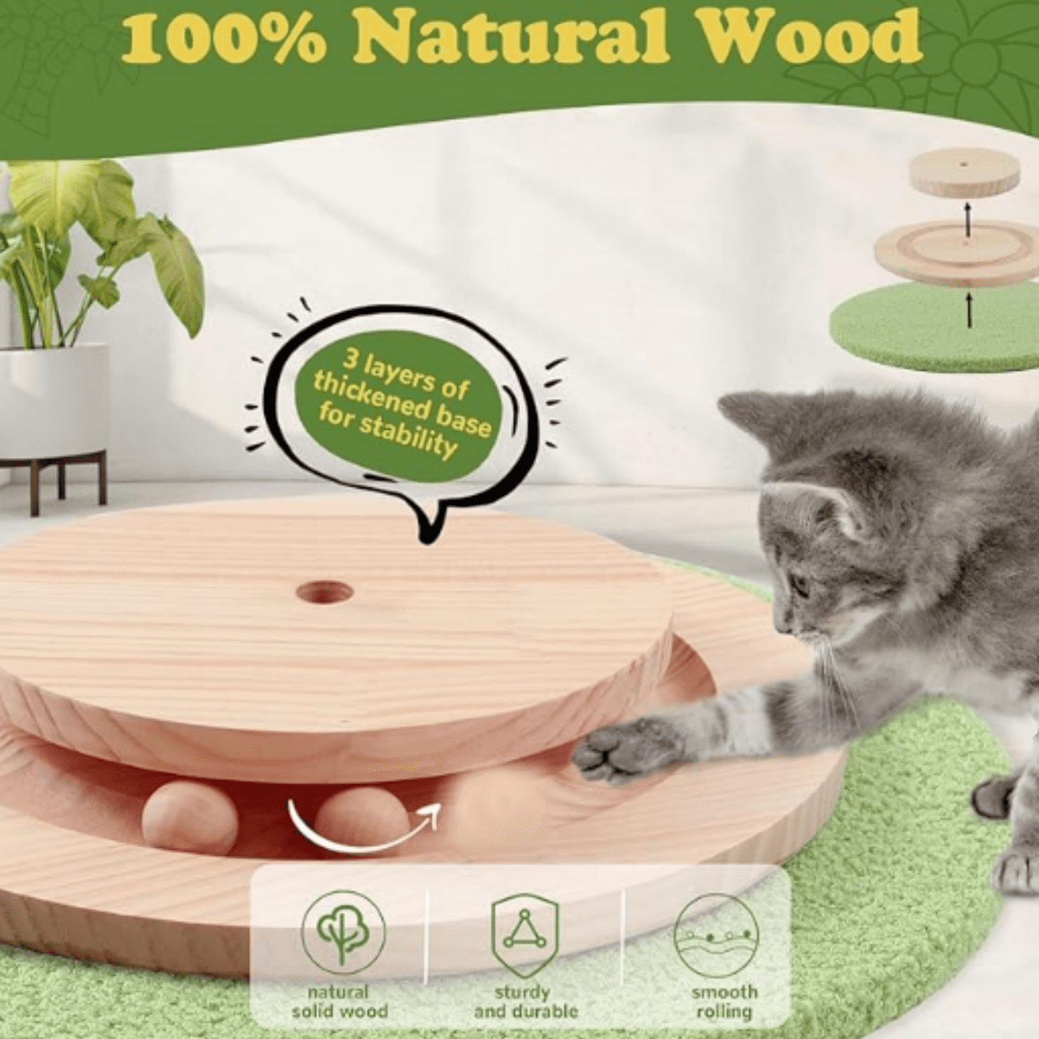 39.4'' Tall Cat Scratching Post,3.5 Inch Wide Sisal Rope Scratching Post for Indoor Adults Kittens,Cat Scratcher with Stable Solid Wood Base Interactive Ball Toys Self Groomer Brush for Large Cats