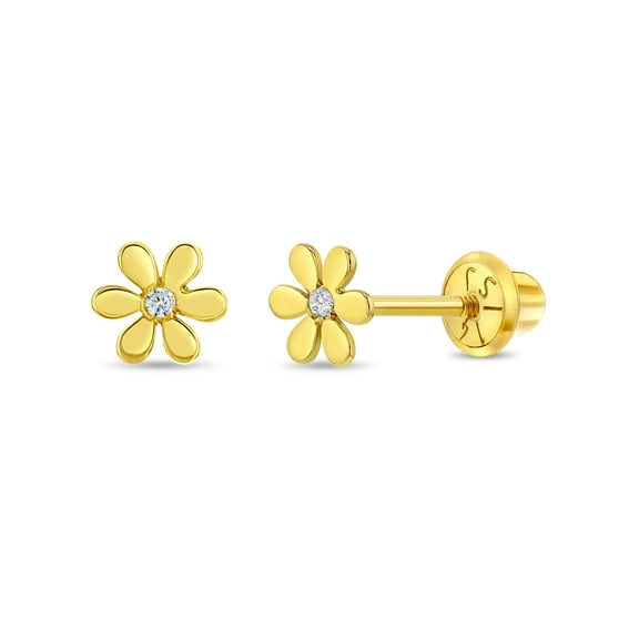 14k Gold Tiny Flower Clear CZ Baby / Toddler / Kids Earrings Safety Screw Back