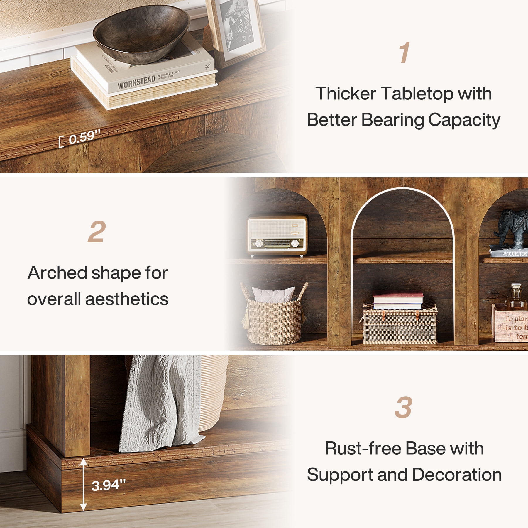 Fnova 63" Farmhouse Console Table, Wooden Entryway Table with 3-Tier Storage, Rectangular Sofa Table for Entrance, Hallway, Living Room, Behind Couch