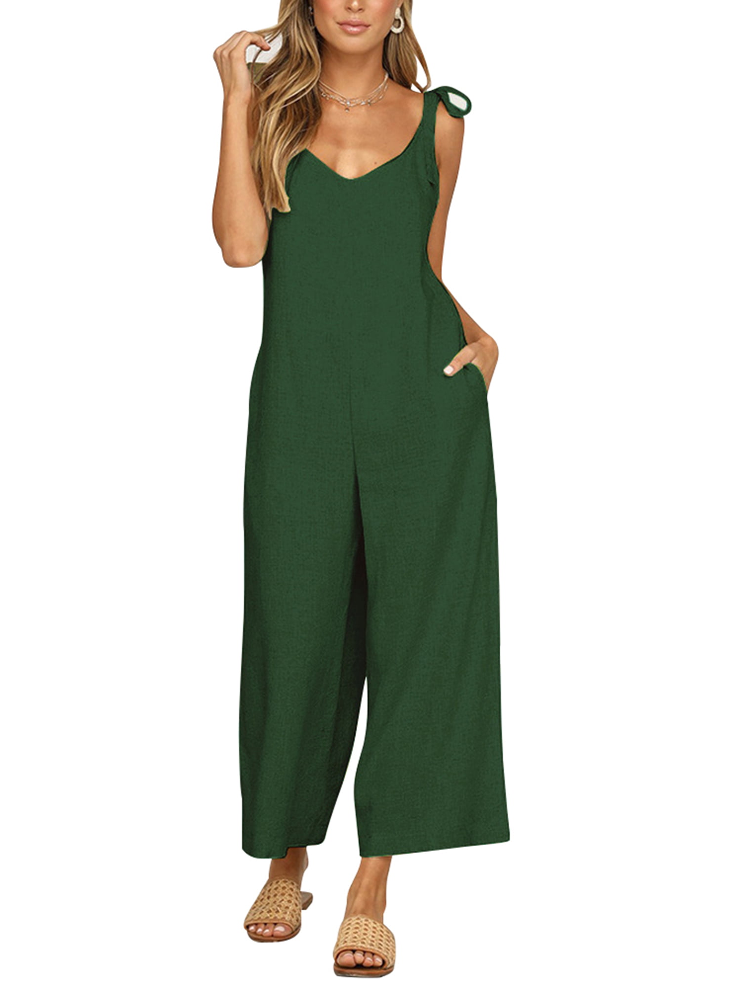 Womens Rompers Summer Tropical Leaf Jumpsuit Spaghetti Strap Loose Wide Leg Long Pant Rompers Plain Overalls 