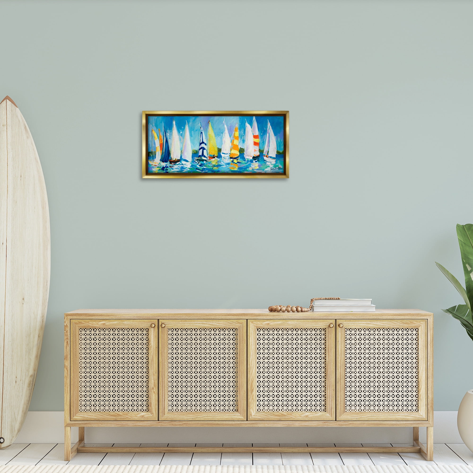 Stupell Industries Regatta Sailboat Fleet Transportation Painting Gold Floater Framed Canvas Art Print Wall Art, 31 x 14